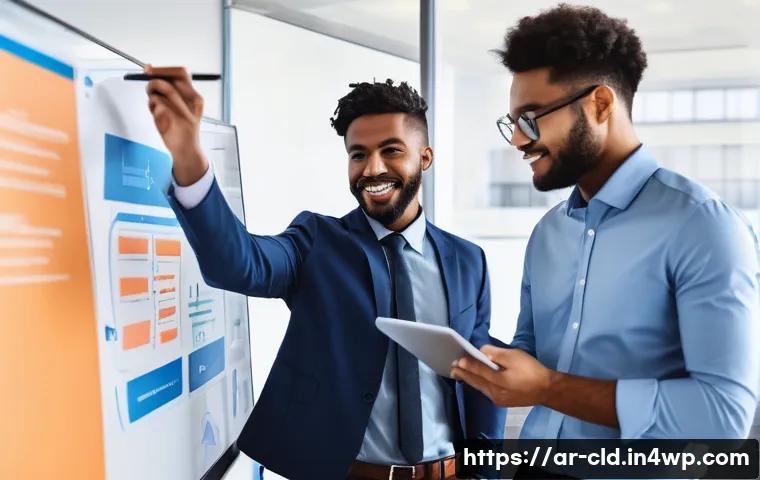 클라우드 컴퓨팅 도입을 위한 체크리스트 - **Prompt:** A diverse group of four professionals, two men and two women of various ethnic backgroun...