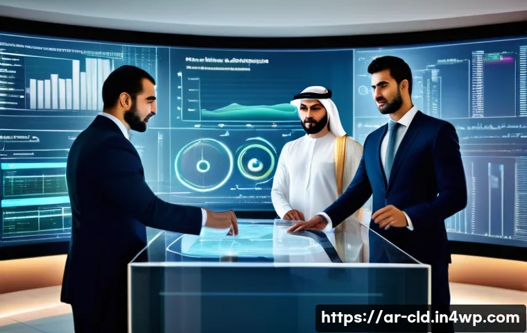 클라우드 서비스와 인공지능의 결합 - A modern Middle Eastern business office scene featuring diverse professionals in traditional and con...