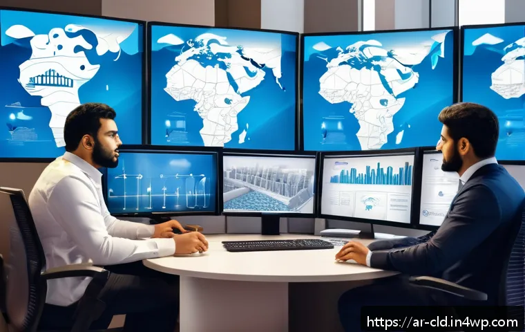 클라우드 마이그레이션 단계별 가이드 - A detailed office scene showing a diverse team of Middle Eastern IT professionals analyzing a comple...